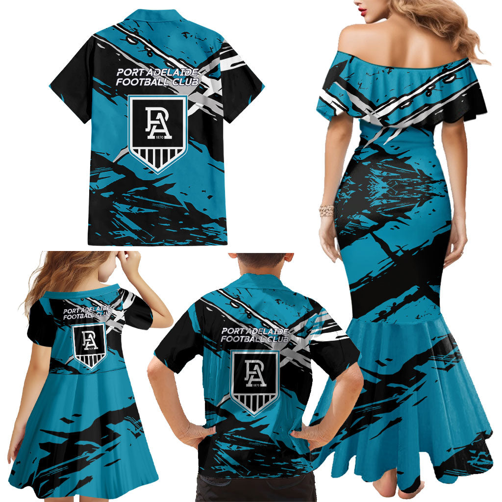 Port Adelaide Football Club Family Matching Mermaid Dress and Hawaiian Shirt Power Muscular Mascot Graphic - Abstract Paint Splatter Art