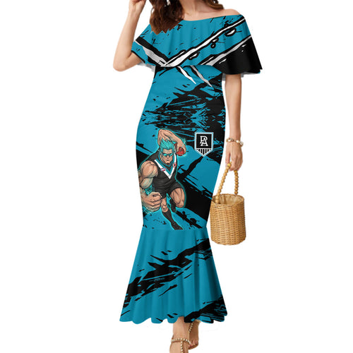 Port Adelaide Football Club Family Matching Mermaid Dress and Hawaiian Shirt Power Muscular Mascot Graphic - Abstract Paint Splatter Art