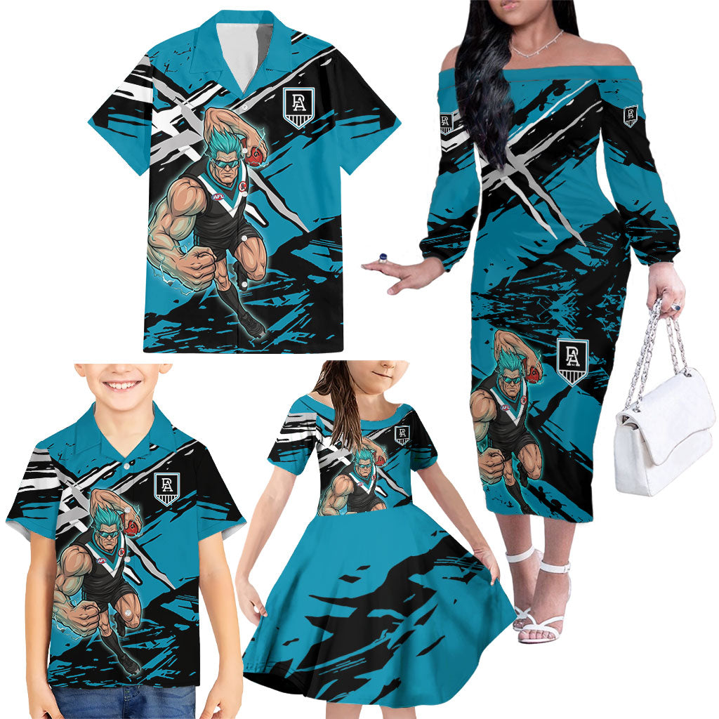 Port Adelaide Football Club Family Matching Off The Shoulder Long Sleeve Dress and Hawaiian Shirt Power Muscular Mascot Graphic - Abstract Paint Splatter Art