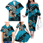 Port Adelaide Football Club Family Matching Off The Shoulder Long Sleeve Dress and Hawaiian Shirt Power Muscular Mascot Graphic - Abstract Paint Splatter Art