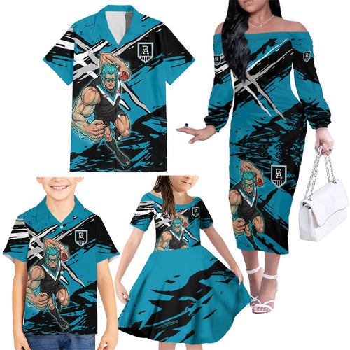 Port Adelaide Football Club Family Matching Off The Shoulder Long Sleeve Dress and Hawaiian Shirt Power Muscular Mascot Graphic - Abstract Paint Splatter Art