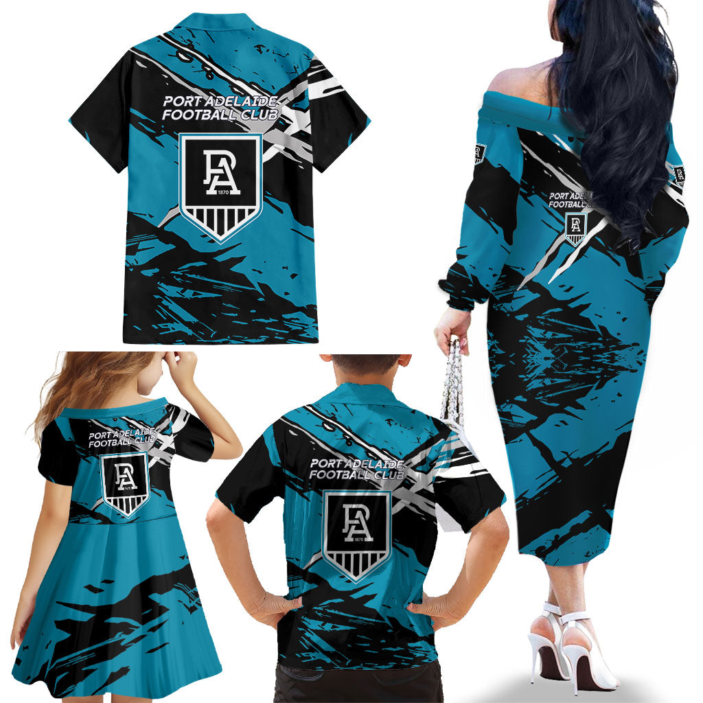 Port Adelaide Football Club Family Matching Off The Shoulder Long Sleeve Dress and Hawaiian Shirt Power Muscular Mascot Graphic - Abstract Paint Splatter Art