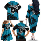 Port Adelaide Football Club Family Matching Off The Shoulder Long Sleeve Dress and Hawaiian Shirt Power Muscular Mascot Graphic - Abstract Paint Splatter Art
