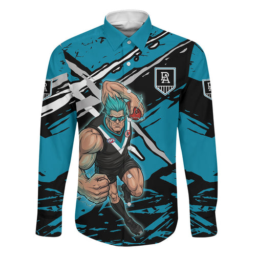 Port Adelaide Football Club Family Matching Off The Shoulder Long Sleeve Dress and Hawaiian Shirt Power Muscular Mascot Graphic - Abstract Paint Splatter Art