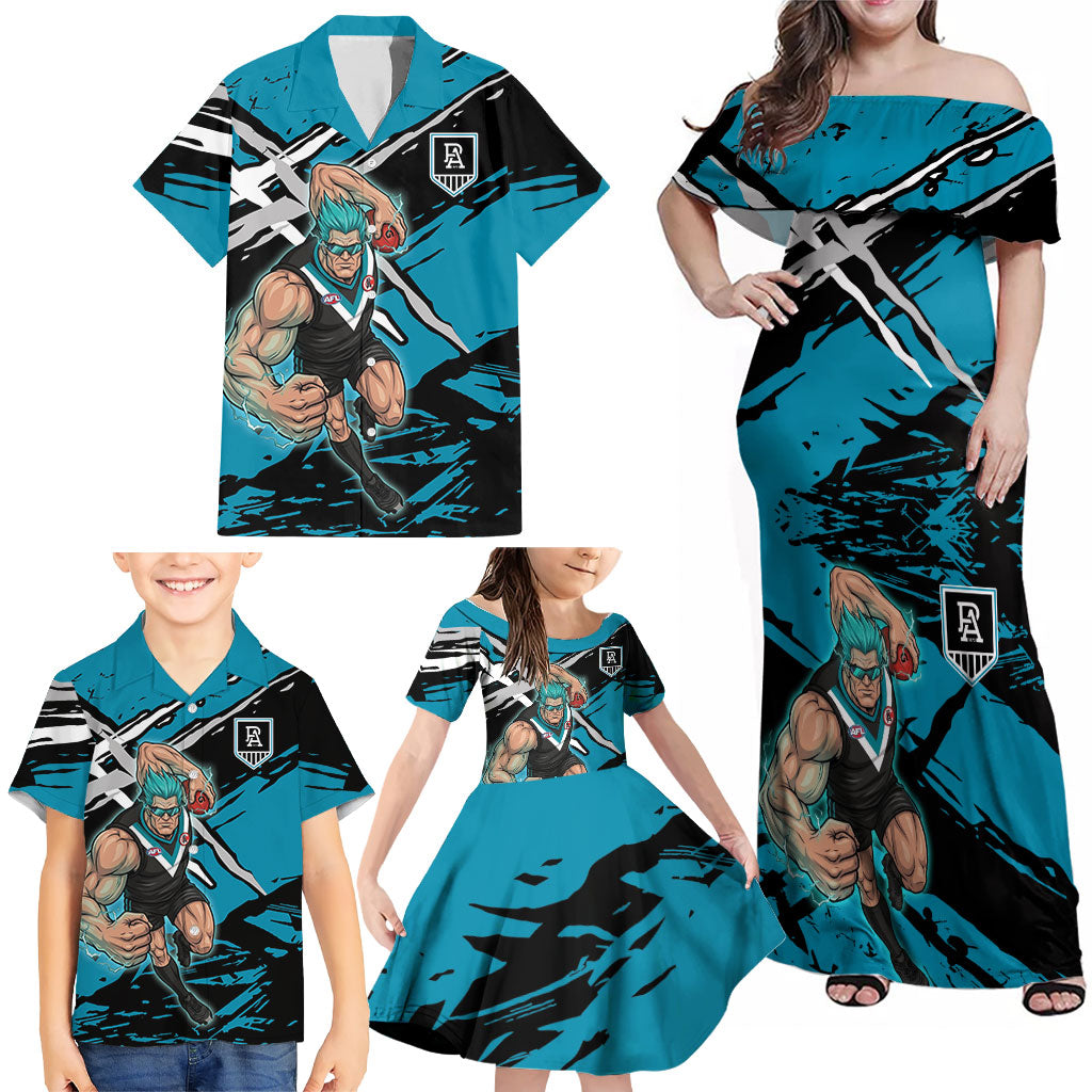 Port Adelaide Football Club Family Matching Off Shoulder Maxi Dress and Hawaiian Shirt Power Muscular Mascot Graphic - Abstract Paint Splatter Art