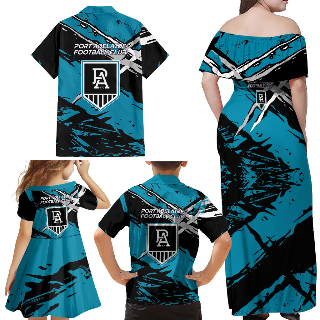 Port Adelaide Football Club Family Matching Off Shoulder Maxi Dress and Hawaiian Shirt Power Muscular Mascot Graphic - Abstract Paint Splatter Art