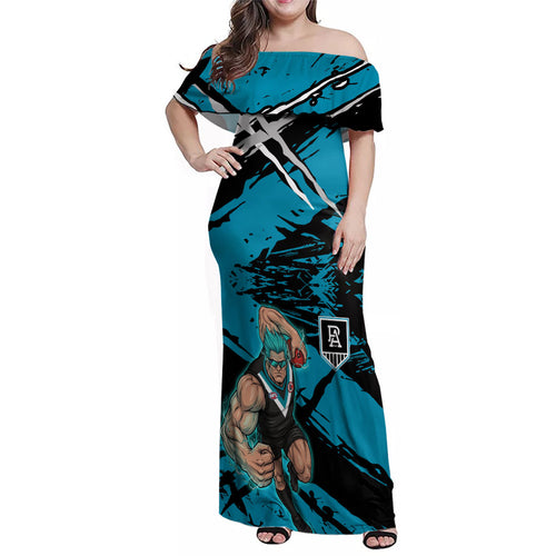 Port Adelaide Football Club Family Matching Off Shoulder Maxi Dress and Hawaiian Shirt Power Muscular Mascot Graphic - Abstract Paint Splatter Art