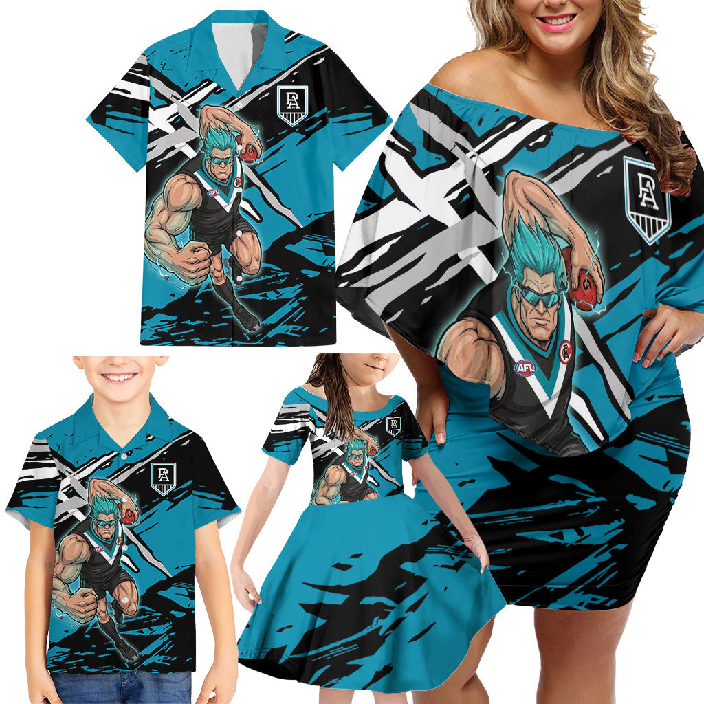 Port Adelaide Football Club Family Matching Off Shoulder Short Dress and Hawaiian Shirt Power Muscular Mascot Graphic - Abstract Paint Splatter Art