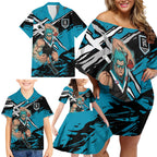 Port Adelaide Football Club Family Matching Off Shoulder Short Dress and Hawaiian Shirt Power Muscular Mascot Graphic - Abstract Paint Splatter Art