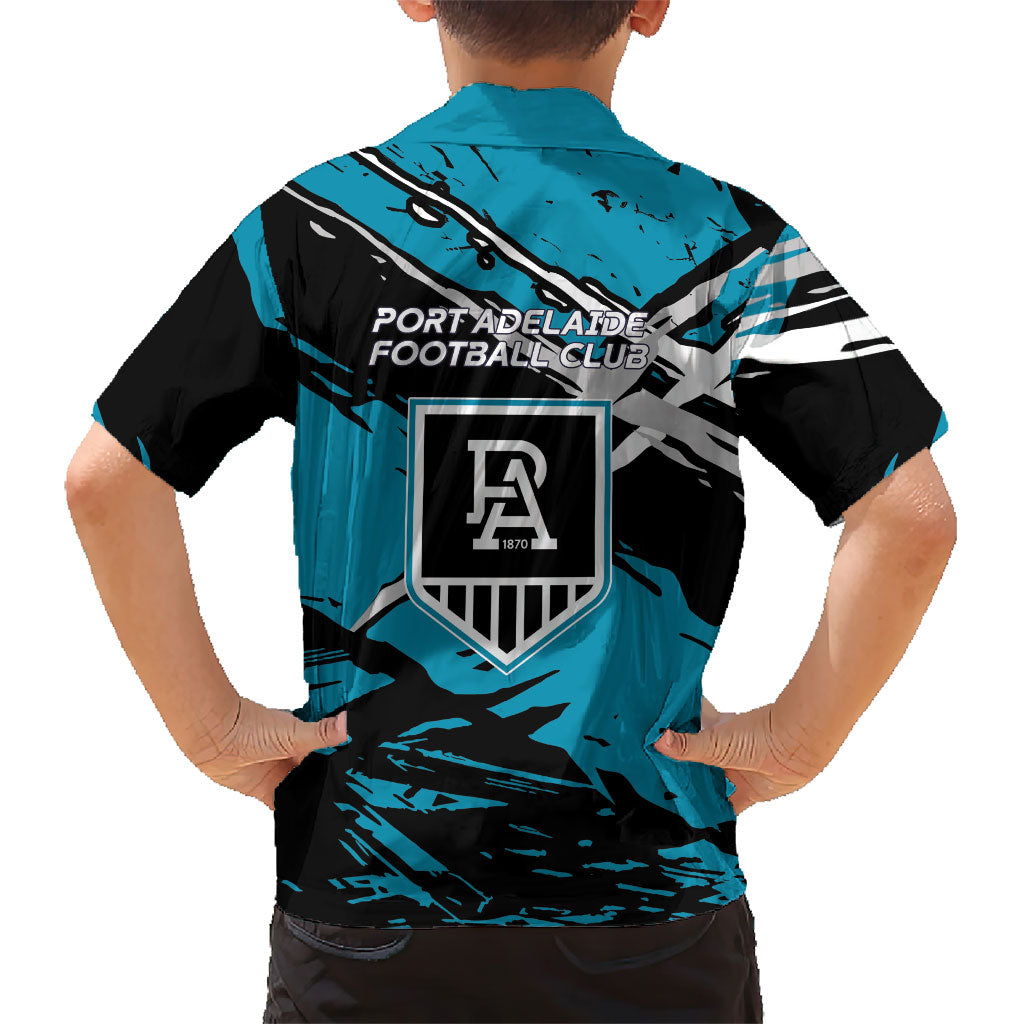 Port Adelaide Football Club Family Matching Off Shoulder Short Dress and Hawaiian Shirt Power Muscular Mascot Graphic - Abstract Paint Splatter Art