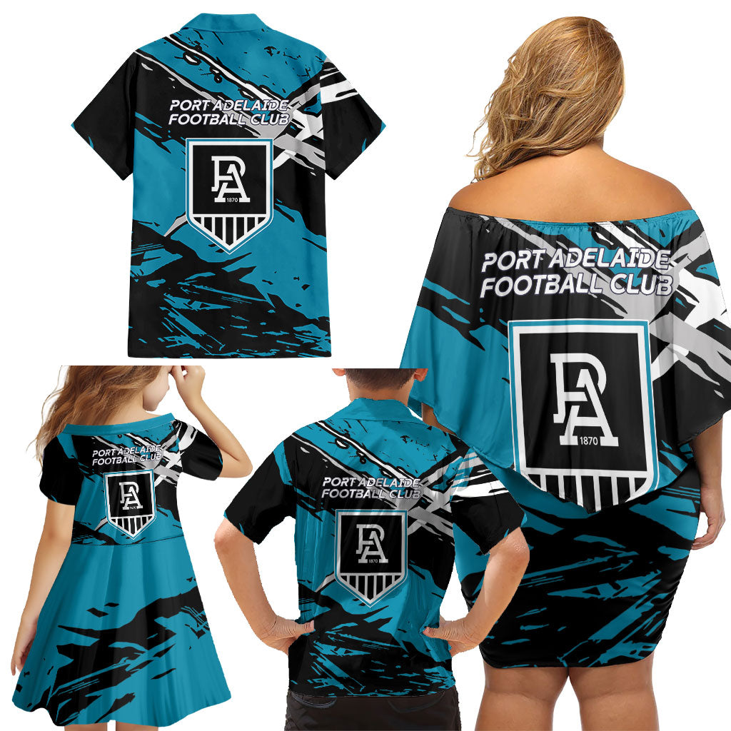 Port Adelaide Football Club Family Matching Off Shoulder Short Dress and Hawaiian Shirt Power Muscular Mascot Graphic - Abstract Paint Splatter Art