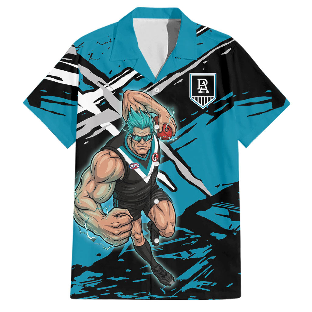 Port Adelaide Football Club Family Matching Off Shoulder Short Dress and Hawaiian Shirt Power Muscular Mascot Graphic - Abstract Paint Splatter Art