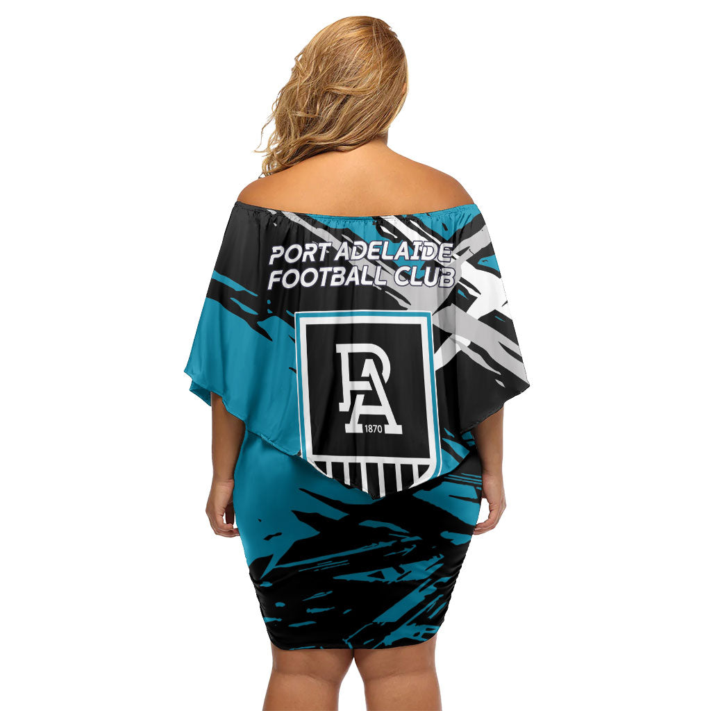 Port Adelaide Football Club Family Matching Off Shoulder Short Dress and Hawaiian Shirt Power Muscular Mascot Graphic - Abstract Paint Splatter Art