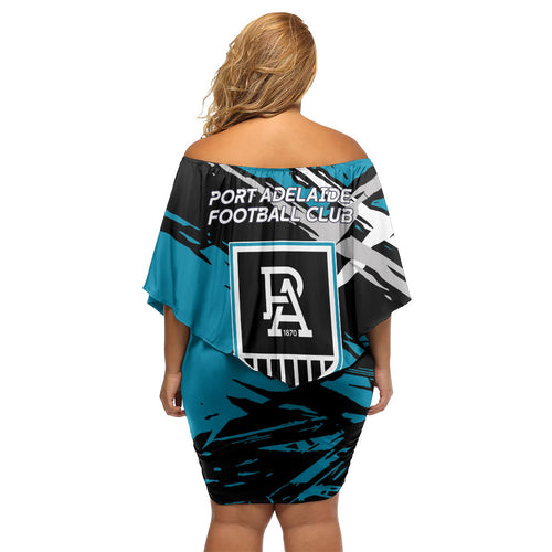 Port Adelaide Football Club Family Matching Off Shoulder Short Dress and Hawaiian Shirt Power Muscular Mascot Graphic - Abstract Paint Splatter Art