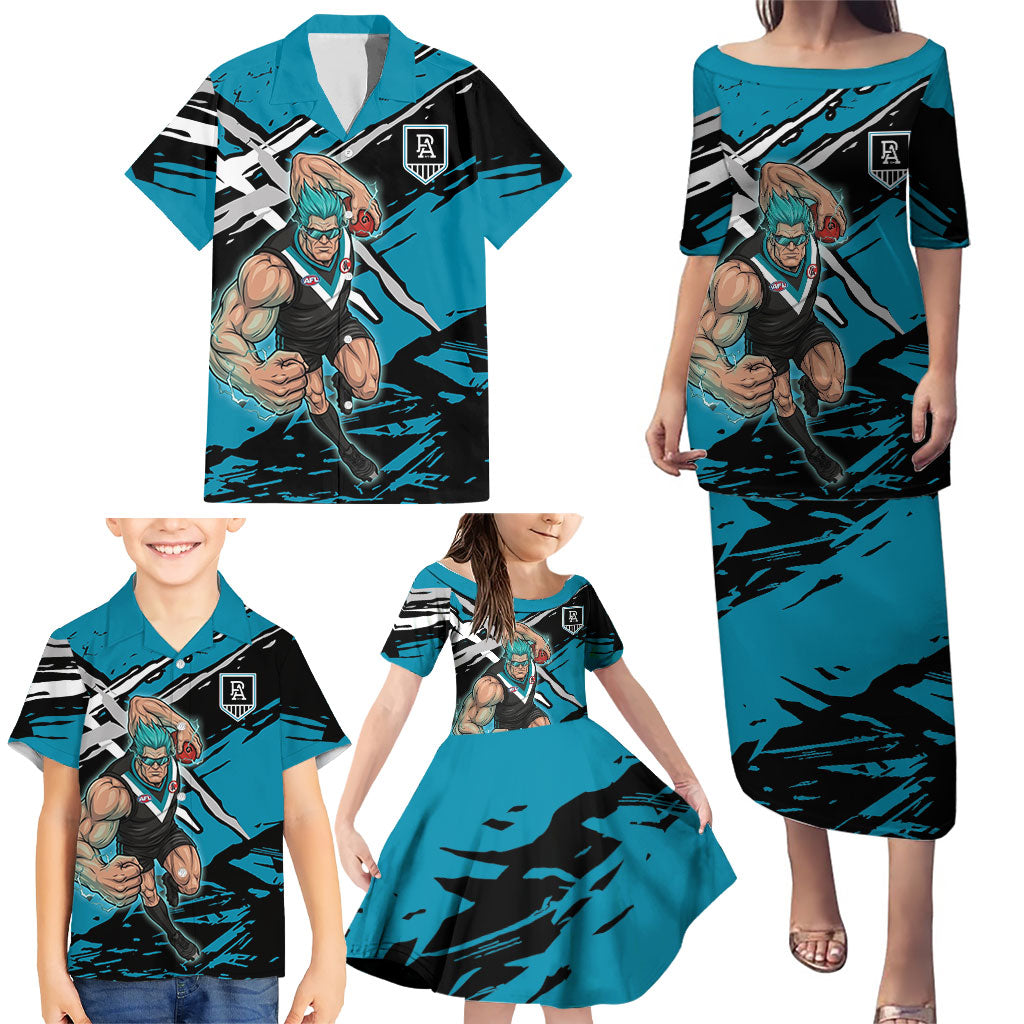 Port Adelaide Football Club Family Matching Puletasi and Hawaiian Shirt Power Muscular Mascot Graphic - Abstract Paint Splatter Art