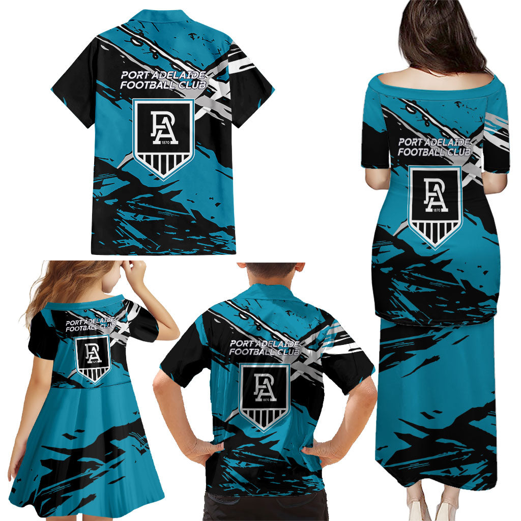 Port Adelaide Football Club Family Matching Puletasi and Hawaiian Shirt Power Muscular Mascot Graphic - Abstract Paint Splatter Art