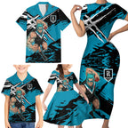 Port Adelaide Football Club Family Matching Short Sleeve Bodycon Dress and Hawaiian Shirt Power Muscular Mascot Graphic - Abstract Paint Splatter Art