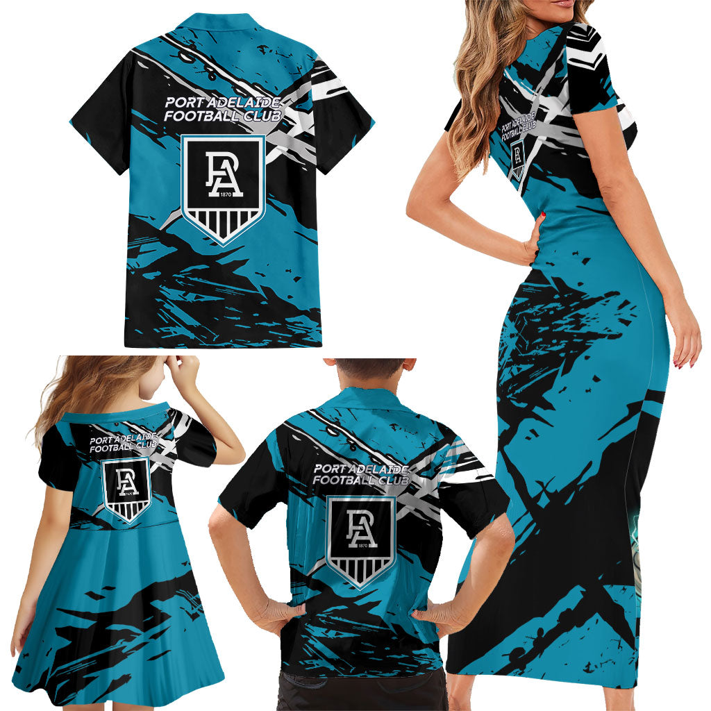 Port Adelaide Football Club Family Matching Short Sleeve Bodycon Dress and Hawaiian Shirt Power Muscular Mascot Graphic - Abstract Paint Splatter Art