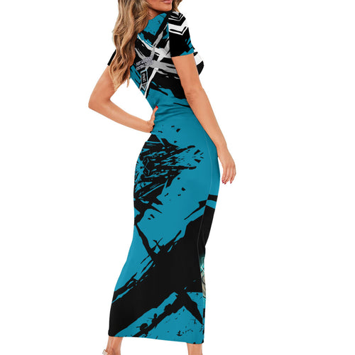 Port Adelaide Football Club Family Matching Short Sleeve Bodycon Dress and Hawaiian Shirt Power Muscular Mascot Graphic - Abstract Paint Splatter Art