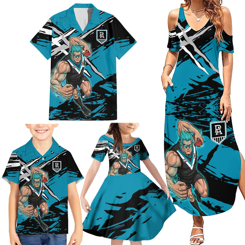 Port Adelaide Football Club Family Matching Summer Maxi Dress and Hawaiian Shirt Power Muscular Mascot Graphic - Abstract Paint Splatter Art