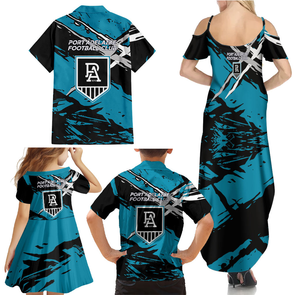 Port Adelaide Football Club Family Matching Summer Maxi Dress and Hawaiian Shirt Power Muscular Mascot Graphic - Abstract Paint Splatter Art