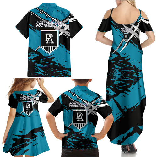 Port Adelaide Football Club Family Matching Summer Maxi Dress and Hawaiian Shirt Power Muscular Mascot Graphic - Abstract Paint Splatter Art