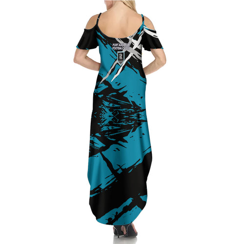 Port Adelaide Football Club Family Matching Summer Maxi Dress and Hawaiian Shirt Power Muscular Mascot Graphic - Abstract Paint Splatter Art