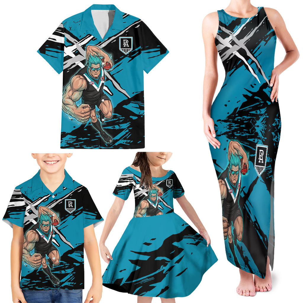 Port Adelaide Football Club Family Matching Tank Maxi Dress and Hawaiian Shirt Power Muscular Mascot Graphic - Abstract Paint Splatter Art