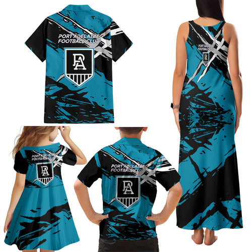 Port Adelaide Football Club Family Matching Tank Maxi Dress and Hawaiian Shirt Power Muscular Mascot Graphic - Abstract Paint Splatter Art