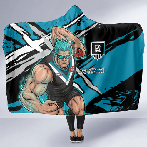 Port Adelaide Football Club Hooded Blanket Power Muscular Mascot Graphic - Abstract Paint Splatter Art