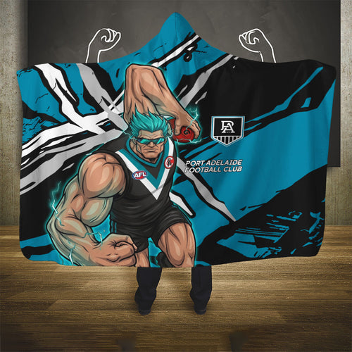 Port Adelaide Football Club Hooded Blanket Power Muscular Mascot Graphic - Abstract Paint Splatter Art