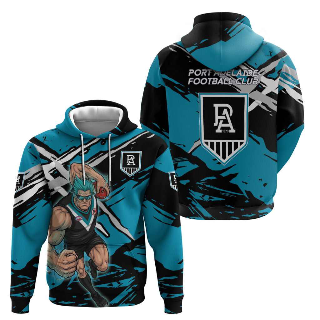 Port Adelaide Football Club Hoodie Power Muscular Mascot Graphic - Abstract Paint Splatter Art