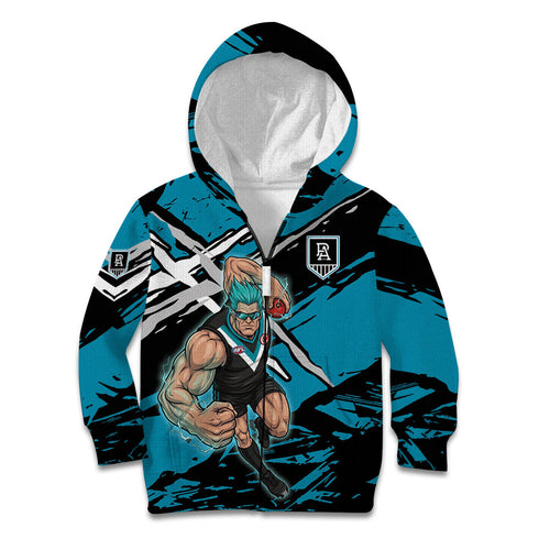 Port Adelaide Football Club Kid Hoodie Power Muscular Mascot Graphic - Abstract Paint Splatter Art