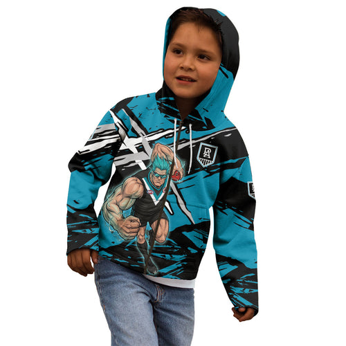 Port Adelaide Football Club Kid Hoodie Power Muscular Mascot Graphic - Abstract Paint Splatter Art