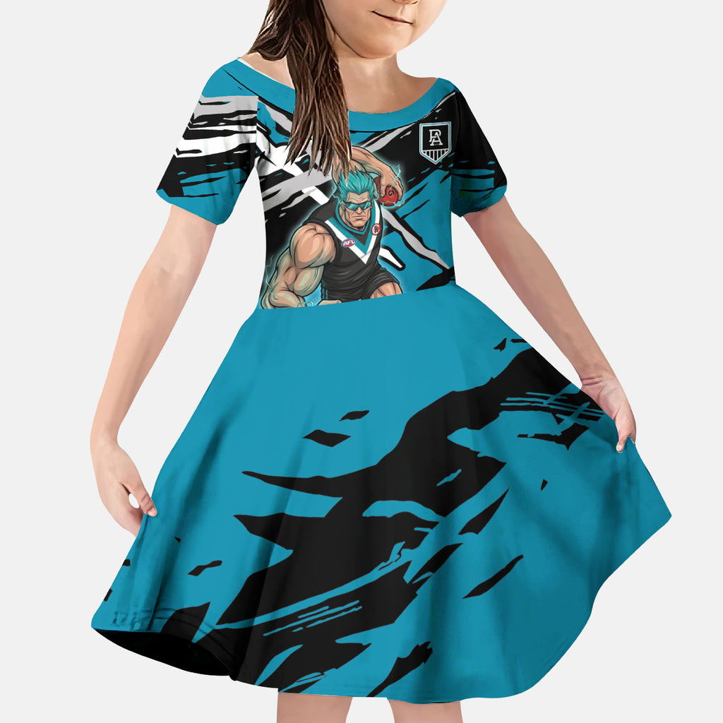 Port Adelaide Football Club Kid Short Sleeve Dress Power Muscular Mascot Graphic - Abstract Paint Splatter Art