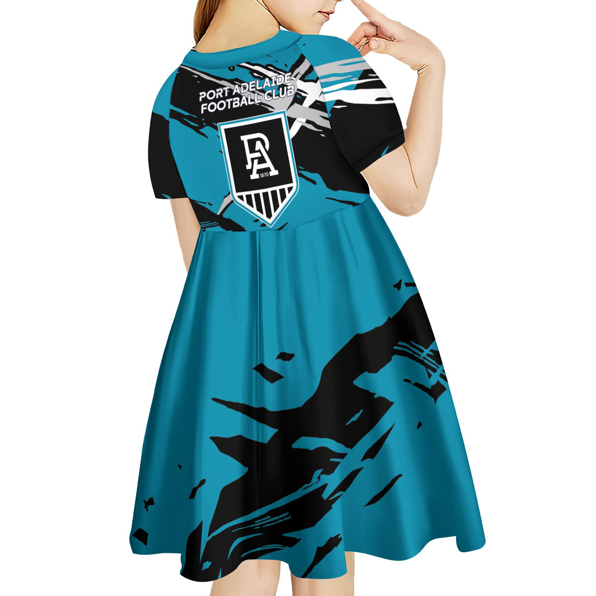 Port Adelaide Football Club Kid Short Sleeve Dress Power Muscular Mascot Graphic - Abstract Paint Splatter Art