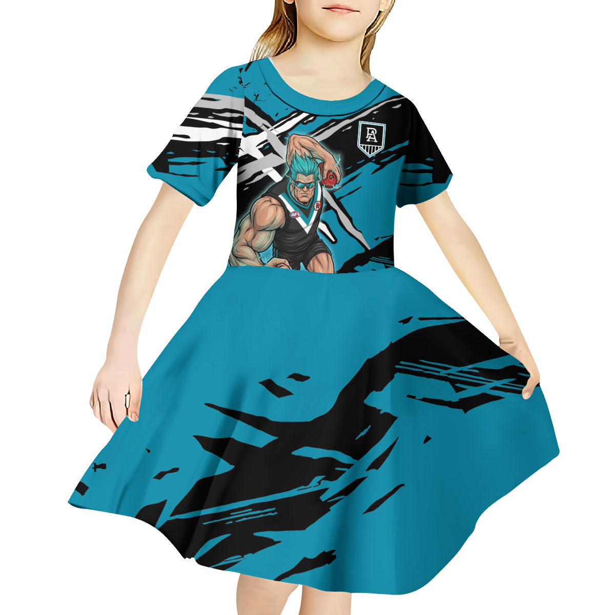 Port Adelaide Football Club Kid Short Sleeve Dress Power Muscular Mascot Graphic - Abstract Paint Splatter Art