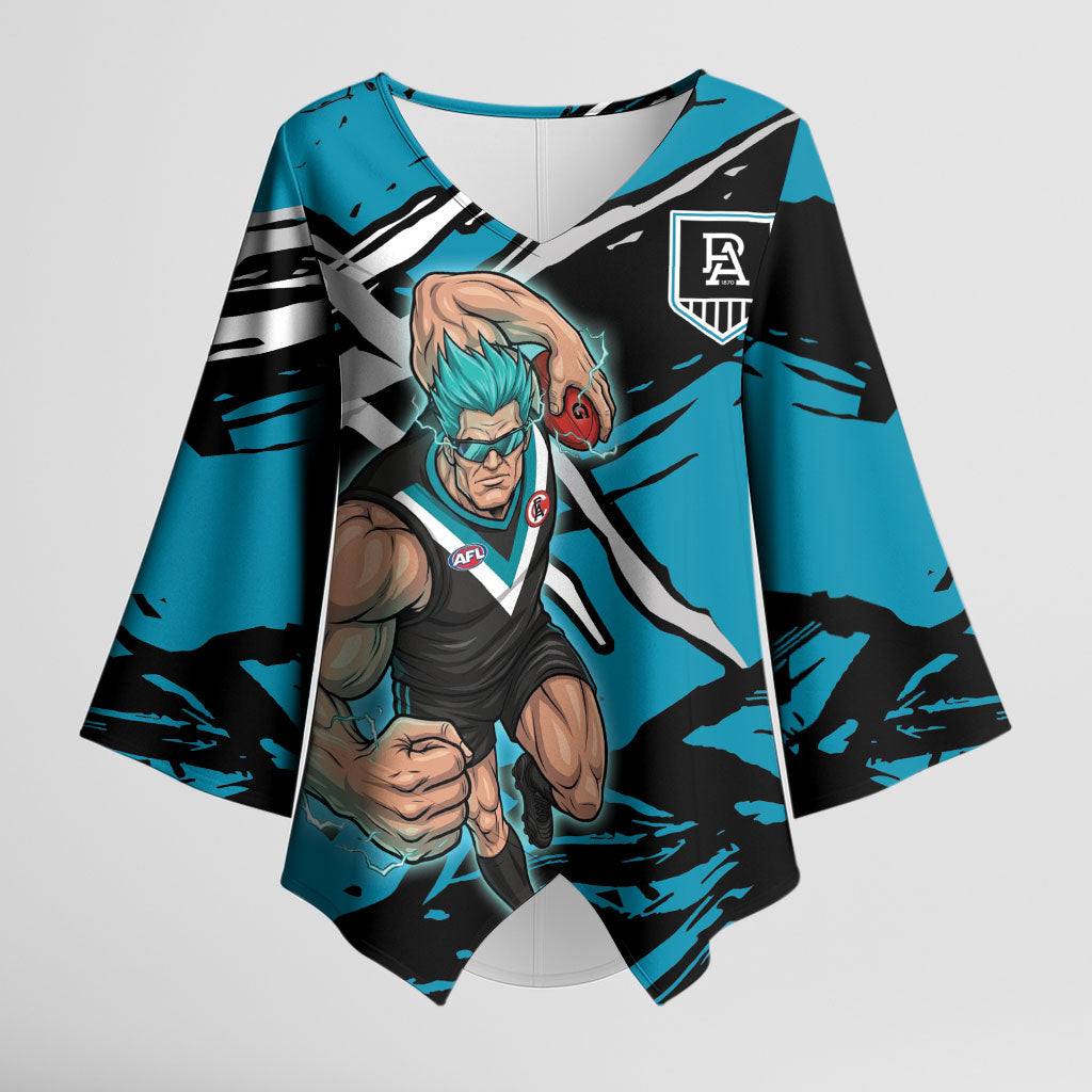 Port Adelaide Football Club Kimono Sleeve Blouse Power Muscular Mascot Graphic - Abstract Paint Splatter Art