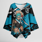 Port Adelaide Football Club Kimono Sleeve Blouse Power Muscular Mascot Graphic - Abstract Paint Splatter Art