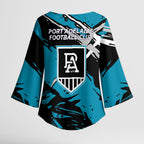 Port Adelaide Football Club Kimono Sleeve Blouse Power Muscular Mascot Graphic - Abstract Paint Splatter Art