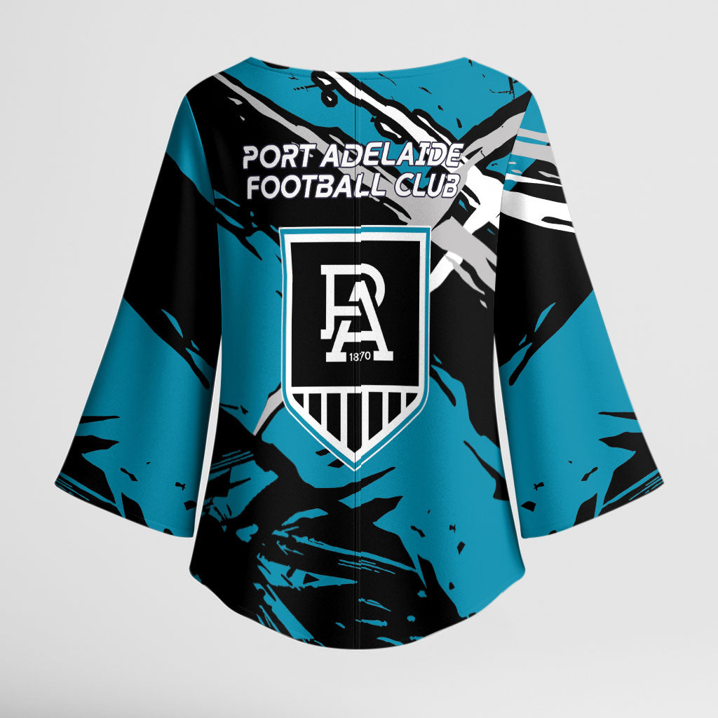 Port Adelaide Football Club Kimono Sleeve Blouse Power Muscular Mascot Graphic - Abstract Paint Splatter Art