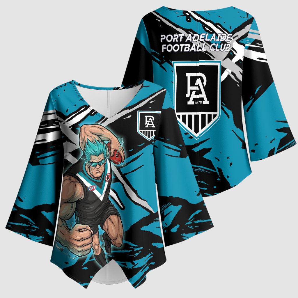 Port Adelaide Football Club Kimono Sleeve Blouse Power Muscular Mascot Graphic - Abstract Paint Splatter Art