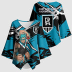 Port Adelaide Football Club Kimono Sleeve Blouse Power Muscular Mascot Graphic - Abstract Paint Splatter Art