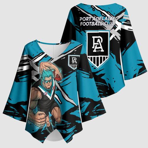 Port Adelaide Football Club Kimono Sleeve Blouse Power Muscular Mascot Graphic - Abstract Paint Splatter Art