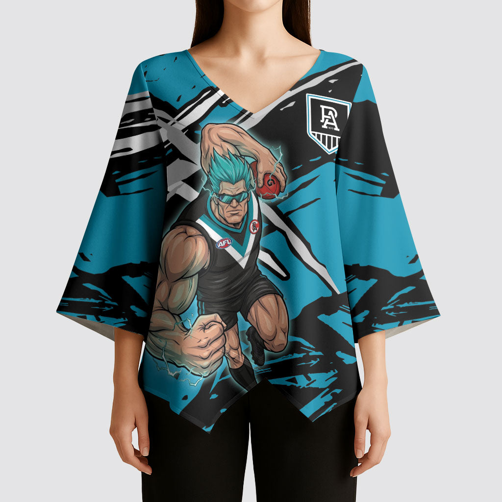 Port Adelaide Football Club Kimono Sleeve Blouse Power Muscular Mascot Graphic - Abstract Paint Splatter Art