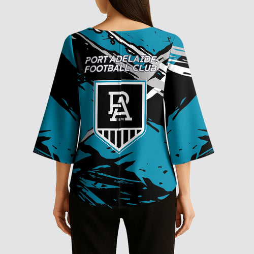 Port Adelaide Football Club Kimono Sleeve Blouse Power Muscular Mascot Graphic - Abstract Paint Splatter Art