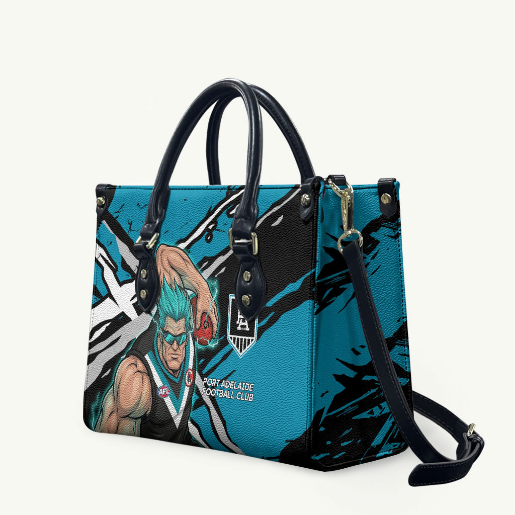 Port Adelaide Football Club Leather Bag Power Muscular Mascot Graphic - Abstract Paint Splatter Art