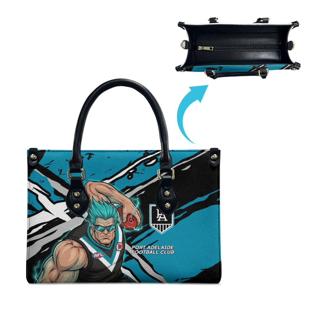 Port Adelaide Football Club Leather Bag Power Muscular Mascot Graphic - Abstract Paint Splatter Art