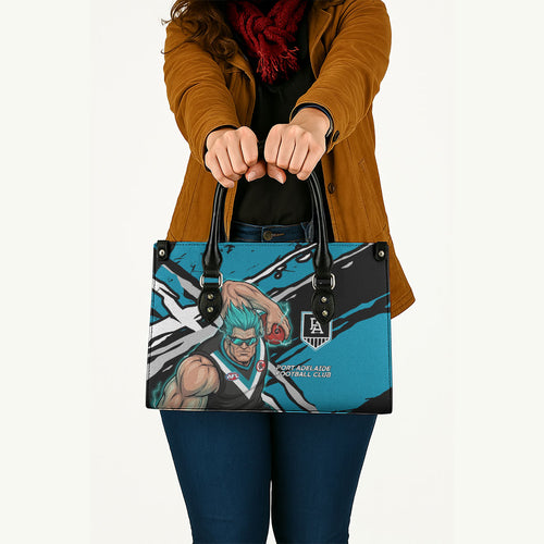Port Adelaide Football Club Leather Bag Power Muscular Mascot Graphic - Abstract Paint Splatter Art