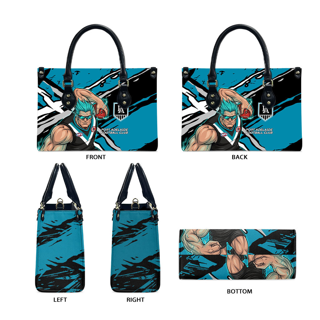 Port Adelaide Football Club Leather Bag Power Muscular Mascot Graphic - Abstract Paint Splatter Art